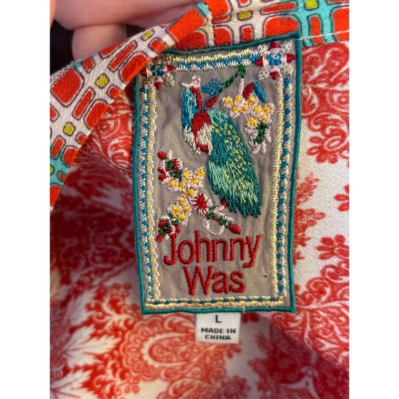 Johnny Was Red Multi-Print Long-Sleeve Silk Dress L - Picture 8 of 9